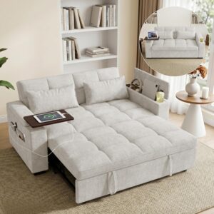68'' Sleeper Sofa Bed, Pull Out Couch with 360° Swivel Side Table, Chenille Fabric Loveseat with USB Port for Living Room, Apartment, Office(Beige)