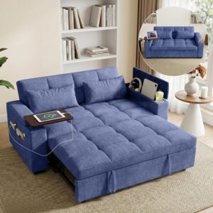 68'' Sleeper Sofa Bed, Pull Out Couch with 360° Swivel Side Table, Chenille Fabric Lovesea with USB Port for Living Room, Apartment, Office(Blue)