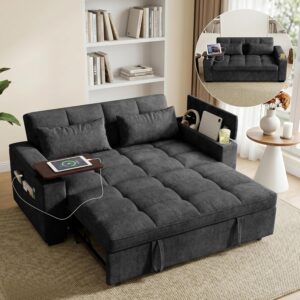 68'' Sleeper Sofa Bed, Pull Out Couch with 360° Swivel Side Table, Chenille Fabric Loveseat with USB Port for Living Room, Apartment, Office(Black)
