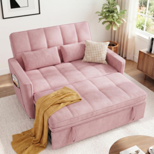 54'' Sleeper Sofa Bed, Convertible Pull Out Couch with Adjustable Backrest, Side Pockets & 2 Lumbar Pillows, Velvet Fabric Loveseat for Living Room, Apartment & Small Spaces (Pink)