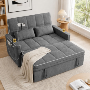 Sleeper Sofa Bed, 54'' Convertible Couch Bed with USB Port | Phone Holder | Adjustable Backrest | Cup Holder, Velvet Fabric Pull Out Couch for Living Room, Apartment, Office (Darkgray)