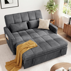 54'' Sleeper Sofa Bed, Convertible Pull Out Couch with Adjustable Backrest, Side Pockets & 2 Lumbar Pillows, Velvet Fabric Loveseat for Living Room, Apartment & Small Spaces (Darkgray)