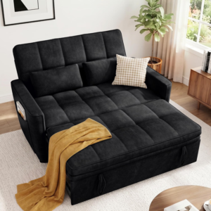 54'' Sleeper Sofa Bed, Convertible Pull Out Couch with Adjustable Backrest, Side Pockets & 2 Lumbar Pillows, Velvet Fabric Loveseat for Living Room, Apartment & Small Spaces (Black)