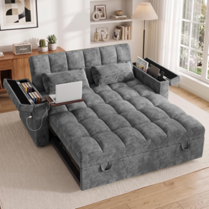65'' Sleeper Sofa Bed, Pull Out Couch with Side Table | USB Charging Port | Adjustable Backrest | Chenille Fabric, Convertible Loveseat for Living Room, Apartment, Small Spaces (DeepGray)