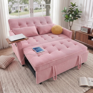 55'' Sleeper Sofa Bed, Convertible Pull Out Couch(Pink)