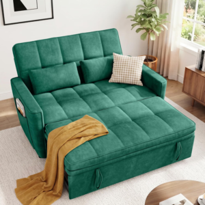 54'' Sleeper Sofa Bed, Convertible Pull Out Couch with Adjustable Backrest, Side Pockets & 2 Lumbar Pillows, Velvet Fabric Loveseat for Living Room, Apartment & Small Spaces (Green)