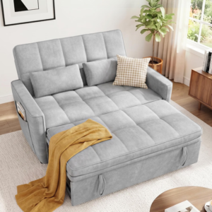 54'' Sleeper Sofa Bed, Convertible Pull Out Couch with Adjustable Backrest, Side Pockets & 2 Lumbar Pillows, Velvet Fabric Loveseat for Living Room, Apartment & Small Spaces (LightGray)