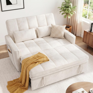 54'' Sleeper Sofa Bed, Convertible Pull Out Couch with Adjustable Backrest, Side Pockets & 2 Lumbar Pillows, Velvet Fabric Loveseat for Living Room, Apartment & Small Spaces (Beige)