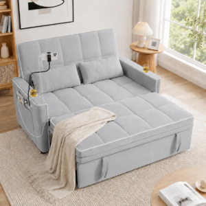 Sleeper Sofa Bed, 54'' Convertible Couch Bed with USB Port | Phone Holder | Adjustable Backrest | Cup Holder, Velvet Fabric Pull Out Couch for Living Room, Apartment, Office (LightGray)
