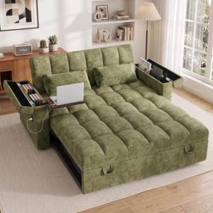 65'' Sleeper Sofa Bed, Pull Out Couch with Side Table | USB Charging Port | Adjustable Backrest | Chenille Fabric, Convertible Loveseat for Living Room, Apartment, Small Spaces (Green)